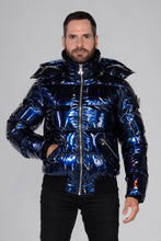 Load image into Gallery viewer, Woodpecker Men&#39;s Woody Bomber Winter coat. High-end Canadian designer winter coat for men in &quot;Oily Blue&quot; colour. Woodpecker cruelty-free winter coat designed in Canada. Men&#39;s heavy weight short length premium designer jacket for winter. Superior quality warm winter coat for men. Moose Knuckles, Canada Goose, Mackage, Montcler, Will Poho, Willbird, Nic Bayley
