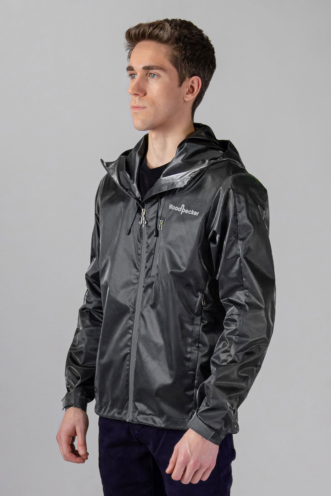 Woodpecker Men's Wind Shell coat. High-end Canadian designer activewear coat for men in "Black Diamond" colour. Woodpecker coat designed in Canada. Moose Knuckles, Canada Goose, Mackage, Montcler, Will Poho, Willbird, Nic Bayley