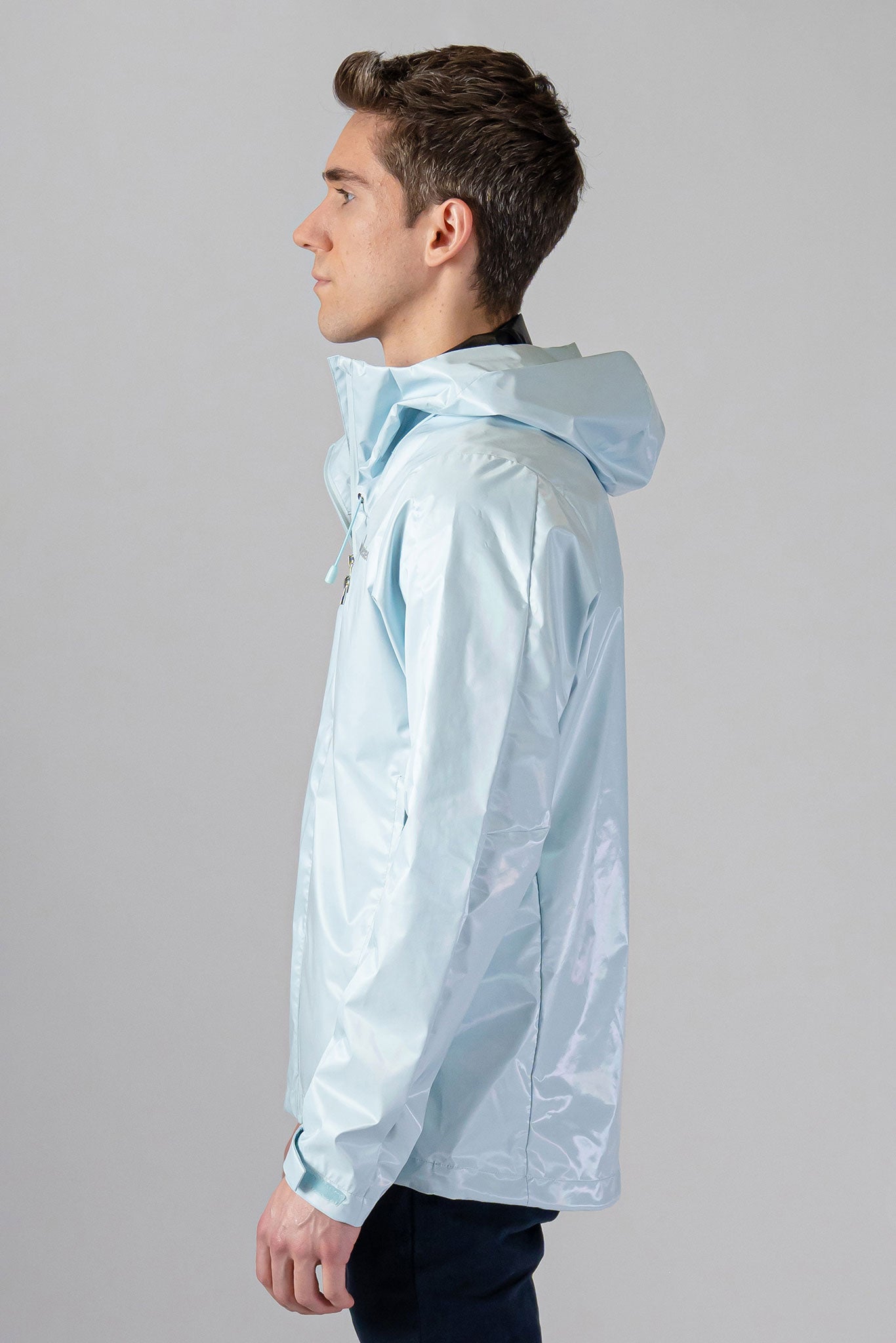 Woodpecker Men&#39;s Wind Shell coat. High-end Canadian designer activewear coat for men in &quot;Pastel Blue&quot; colour. Woodpecker coat designed in Canada. Moose Knuckles, Canada Goose, Mackage, Montcler, Will Poho, Willbird, Nic Bayley