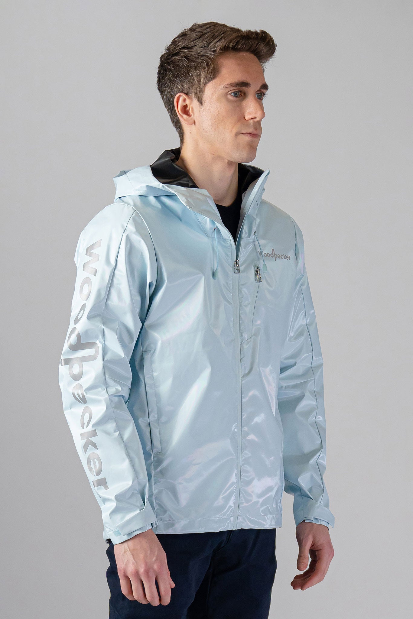 Woodpecker Men&#39;s Wind Shell coat. High-end Canadian designer activewear coat for men in &quot;Pastel Blue&quot; colour. Woodpecker coat designed in Canada. Moose Knuckles, Canada Goose, Mackage, Montcler, Will Poho, Willbird, Nic Bayley