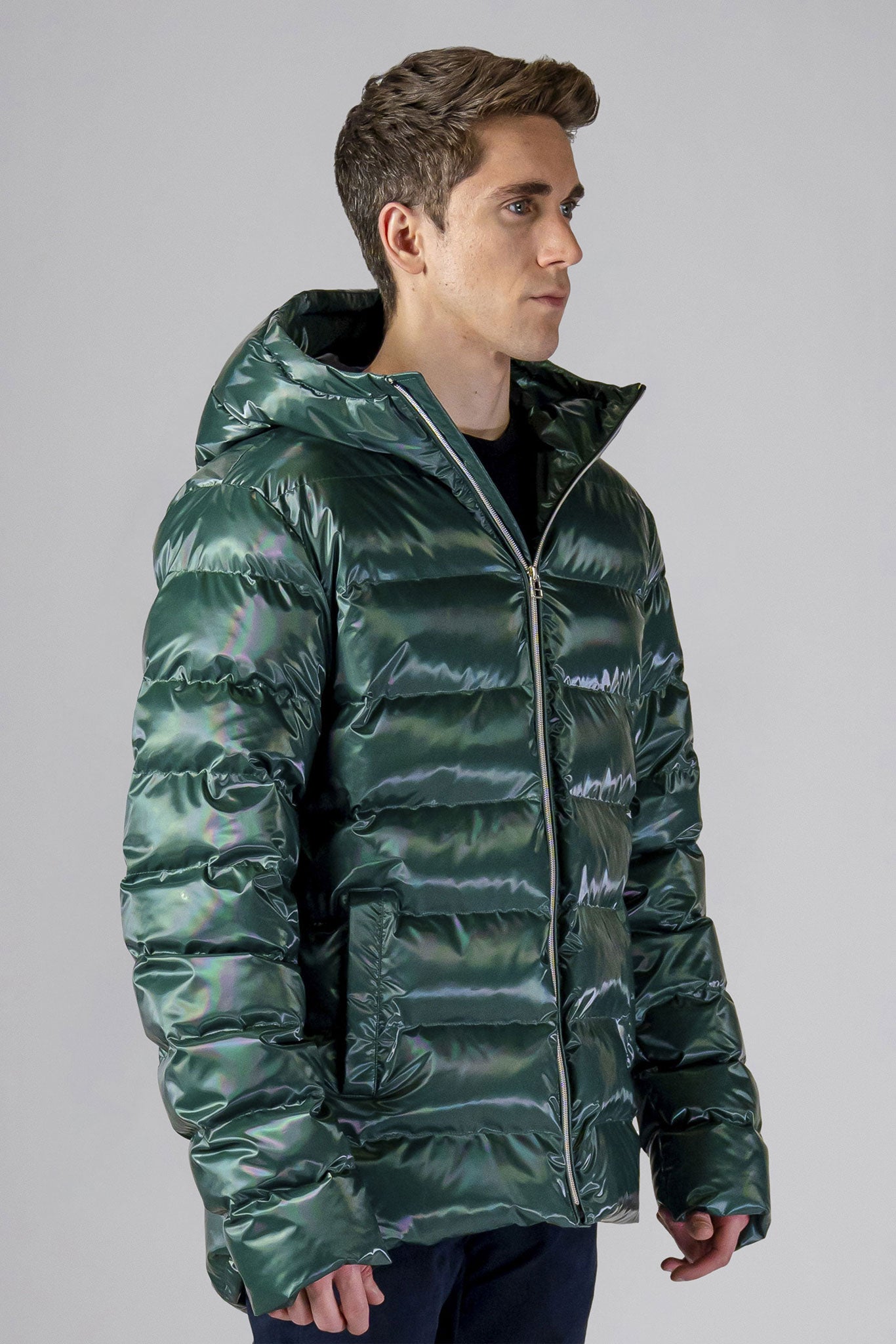 Woodpecker Men&#39;s Sparrow Winter coat. High-end Canadian designer winter coat for men in &quot;Avocado&quot; colour. Woodpecker cruelty-free winter coat designed in Canada. Men&#39;s medium weight medium length premium designer jacket for winter. Superior quality warm winter coat for men. Moose Knuckles, Canada Goose, Mackage, Montcler, Will Poho, Willbird, Nic Bayley. Shiny parka. Stylish winter jacket. Designer winter coat.