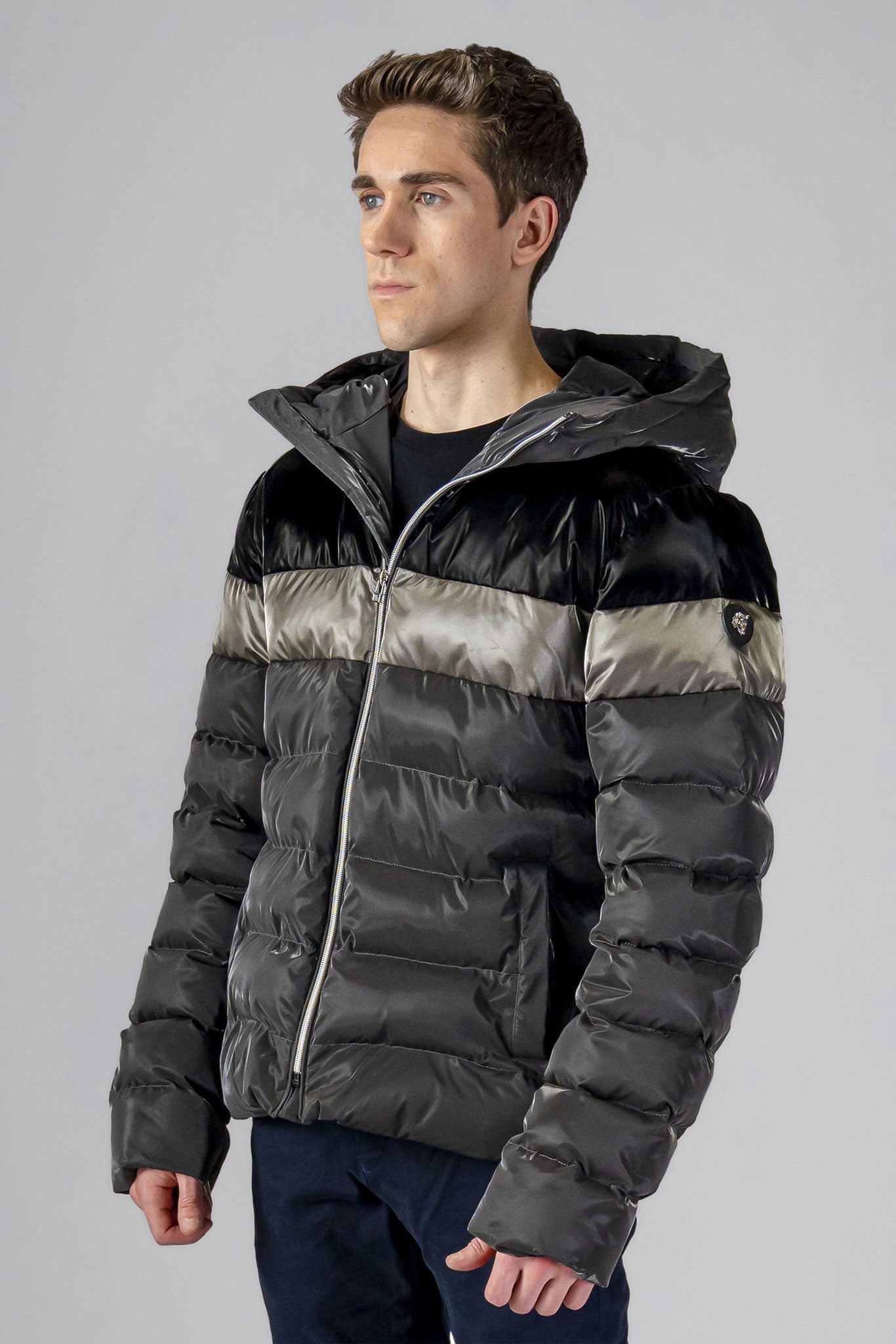 Woodpecker Men's Sparrow Winter coat. High-end Canadian designer winter coat for men in "Magnum" colour. Woodpecker cruelty-free winter coat designed in Canada. Men's medium weight medium length premium designer jacket for winter. Superior quality warm winter coat for men. Moose Knuckles, Canada Goose, Mackage, Montcler, Will Poho, Willbird, Nic Bayley. Shiny parka. Stylish winter jacket. Designer winter coat.