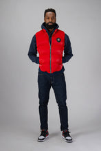 Load image into Gallery viewer, Woodpecker Unisex Winter Vest. High-end Canadian designer winter vest in &quot;Fashion Santa&quot; red colour. Woodpecker cruelty-free vest designed in Canada. Heavy weight short length premium designer vest for winter. Superior quality warm winter vest. Moose Knuckles, Canada Goose, Mackage, Montcler, Will Poho, Willbird, Nic Bayley. Extra warm. Shiny vest. Stylish winter vest. Designer winter vest.
