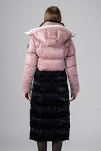 Load image into Gallery viewer, Woodpecker Women&#39;s Extra Long Bird of Paradise Winter coat. High-end Canadian designer winter coat for women in “Arctic Rose and Black&quot; colour. Woodpecker cruelty-free winter coat designed in Canada. Women&#39;s heavy weight extra long length premium designer jacket for winter. Superior quality warm winter coat for women. Moose Knuckles, Canada Goose, Mackage, Montcler, Will Poho, Willbird, Nic Bayley. Extra warm. Shiny parka. Stylish winter jacket. Designer winter coat.
