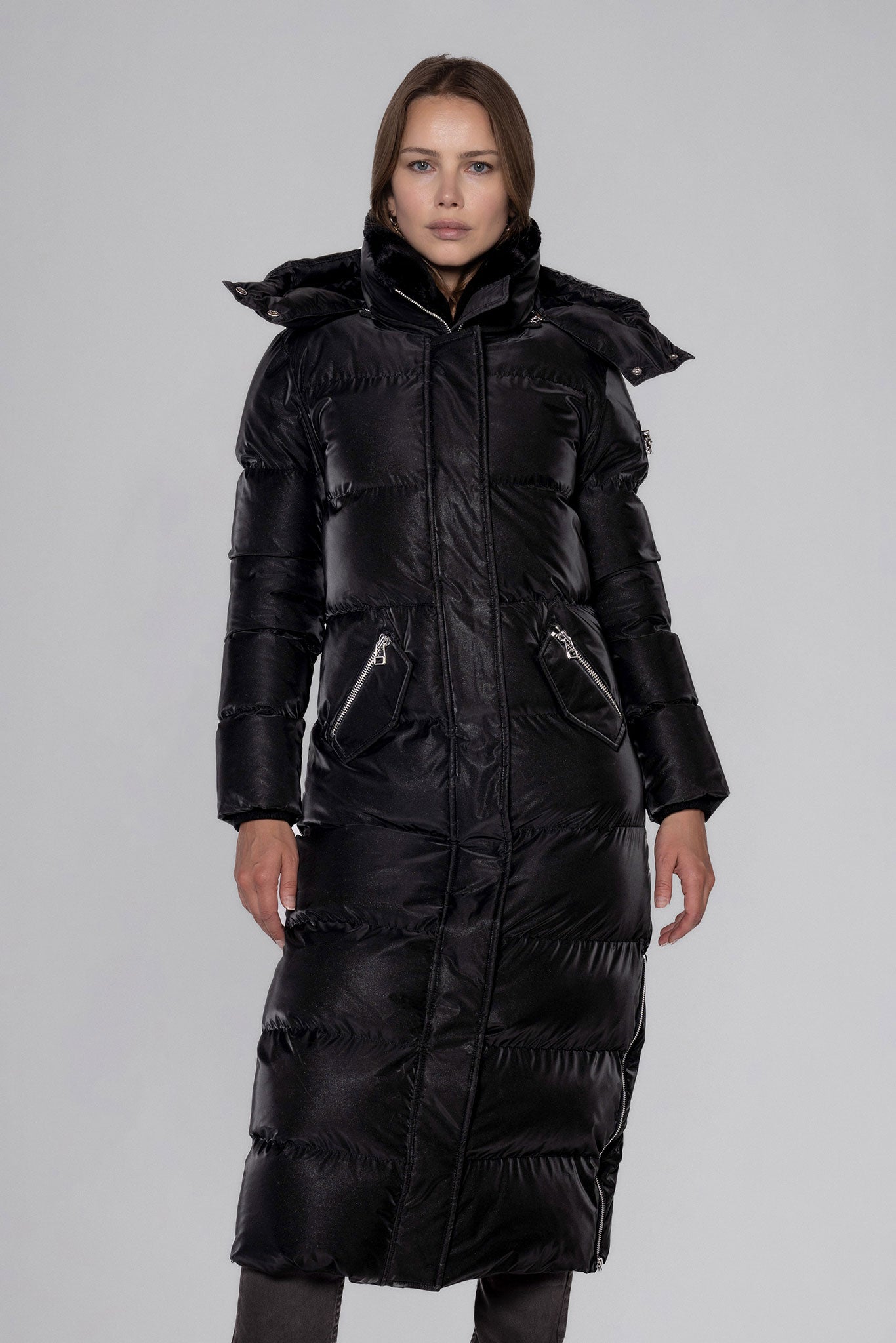Woodpecker Women's Extra Long Bird of Paradise Winter coat. High-end Canadian designer winter coat for women in “Black Diamond
