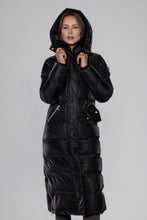 Load image into Gallery viewer, Woodpecker Women&#39;s Extra Long Bird of Paradise Winter coat. High-end Canadian designer winter coat for women in “Black Diamond&quot; colour. Woodpecker cruelty-free winter coat designed in Canada. Women&#39;s heavy weight extra long length premium designer jacket for winter. Superior quality warm winter coat for women. Moose Knuckles, Canada Goose, Mackage, Montcler, Will Poho, Willbird, Nic Bayley. Extra warm. Shiny parka. Stylish winter jacket. Designer winter coat.
