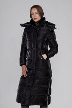 Load image into Gallery viewer, Woodpecker Women&#39;s Extra Long Bird of Paradise Winter coat. High-end Canadian designer winter coat for women in “Black Diamond&quot; colour. Woodpecker cruelty-free winter coat designed in Canada. Women&#39;s heavy weight extra long length premium designer jacket for winter. Superior quality warm winter coat for women. Moose Knuckles, Canada Goose, Mackage, Montcler, Will Poho, Willbird, Nic Bayley. Extra warm. Shiny parka. Stylish winter jacket. Designer winter coat.

