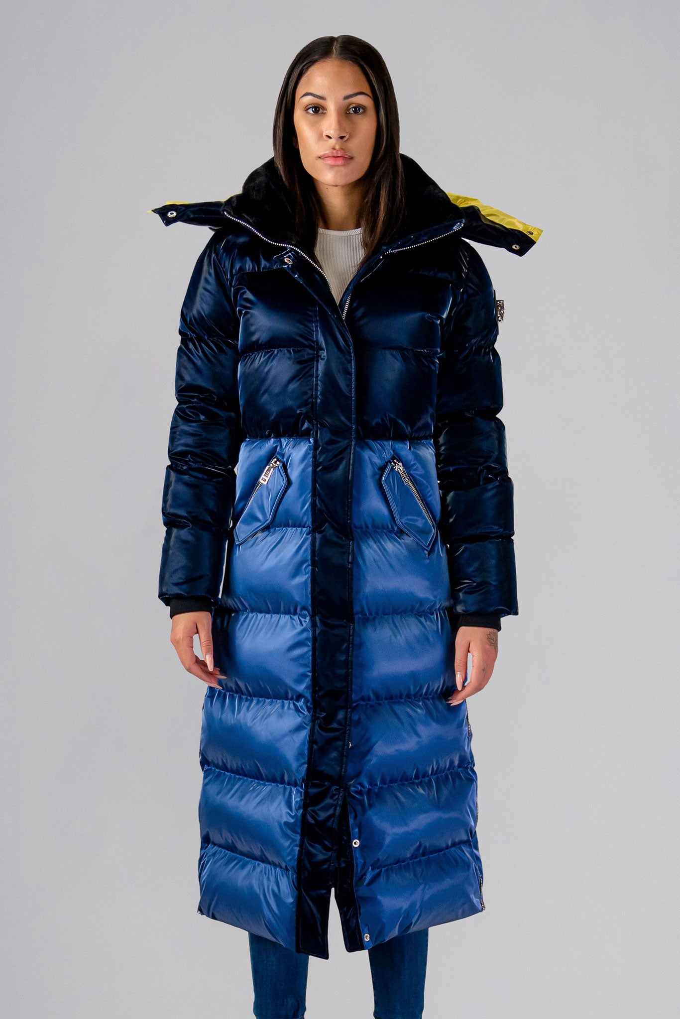 Woodpecker Women's Extra Long Bird of Paradise Winter coat. High-end Canadian designer winter coat for women in “Blue Yellow