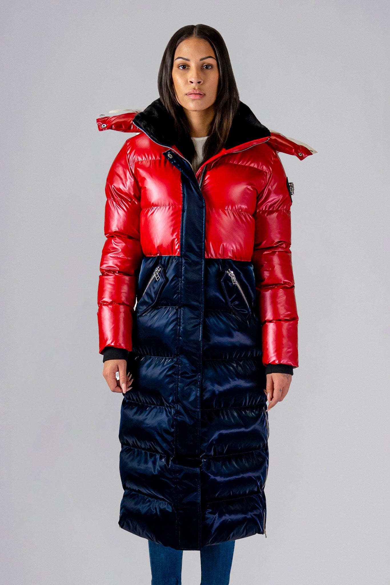 Woodpecker Women's Extra Long Bird of Paradise Winter coat. High-end Canadian designer winter coat for women in “Red White and Blue