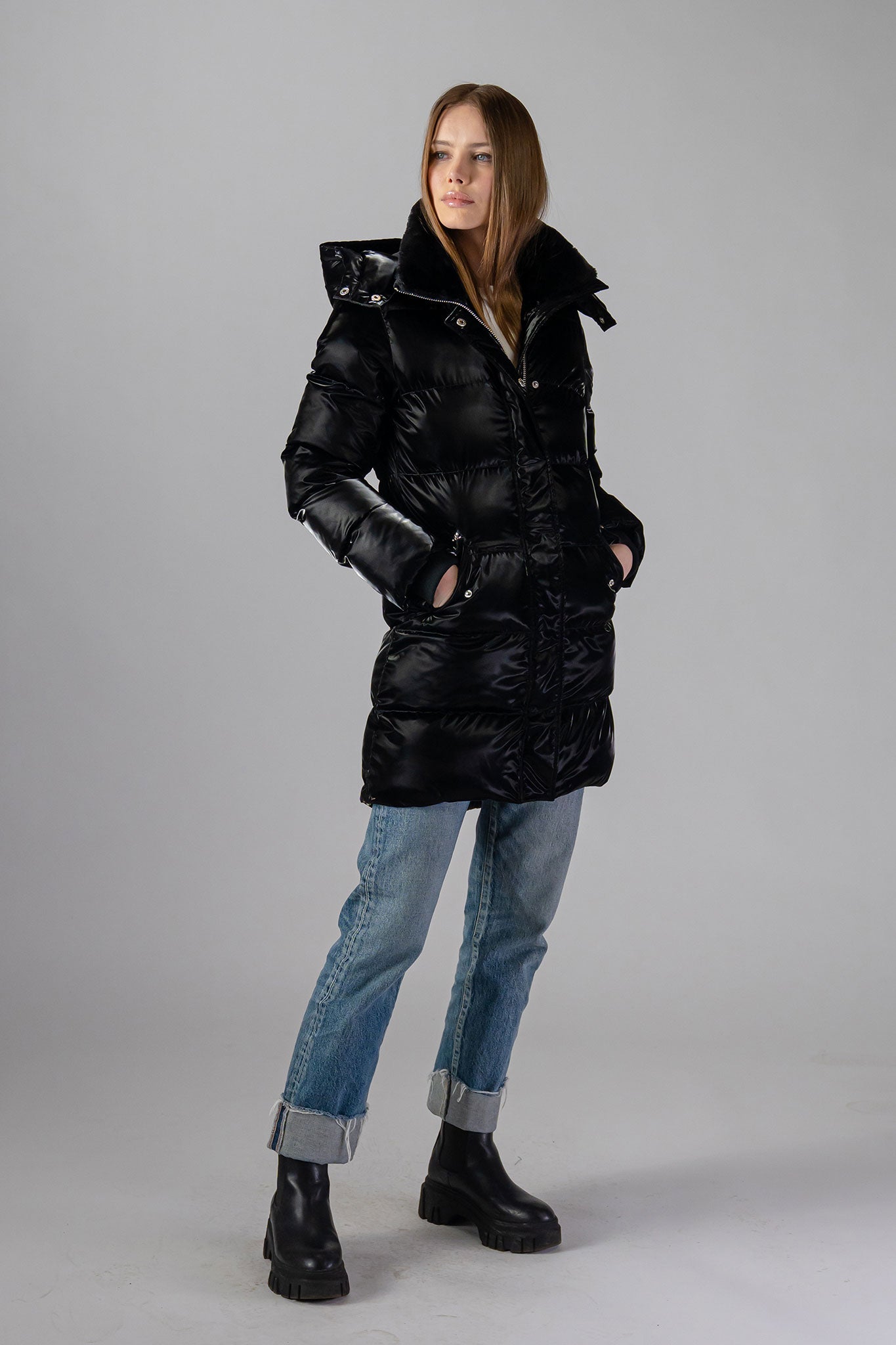 Women&#39;s Penguin Long Coat in Black Color