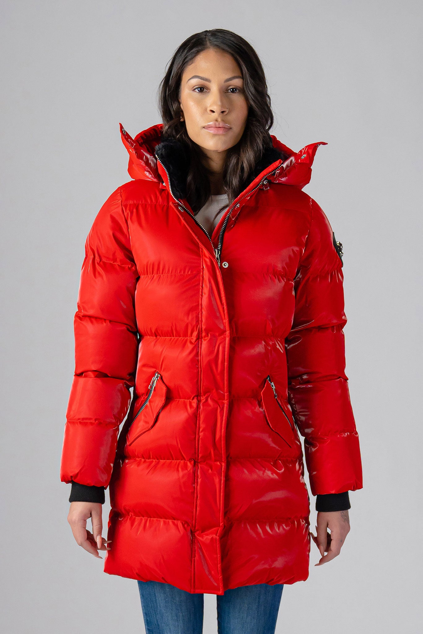 Long red coat with hood best sale