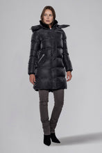 Load image into Gallery viewer, Woodpecker Women&#39;s Penguin Long Winter coat. High-end Canadian designer winter coat for women in &quot;Black Diamond&quot; colour. Woodpecker cruelty-free winter coat designed in Canada. Women&#39;s heavy weight long length premium designer jacket for winter. Superior quality warm winter coat for women. Moose Knuckles, Canada Goose, Mackage, Montcler, Will Poho, Willbird, Nic Bayley. Extra warm. Shiny parka. Stylish winter jacket. Designer winter coat.
