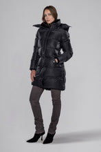 Load image into Gallery viewer, Woodpecker Women&#39;s Penguin Long Winter coat. High-end Canadian designer winter coat for women in &quot;Black Diamond&quot; colour. Woodpecker cruelty-free winter coat designed in Canada. Women&#39;s heavy weight long length premium designer jacket for winter. Superior quality warm winter coat for women. Moose Knuckles, Canada Goose, Mackage, Montcler, Will Poho, Willbird, Nic Bayley. Extra warm. Shiny parka. Stylish winter jacket. Designer winter coat.
