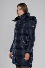 Load image into Gallery viewer, Woodpecker Women&#39;s Penguin Long Winter coat. High-end Canadian designer winter coat for women in &quot;Blue Diamond&quot; colour. Woodpecker cruelty-free winter coat designed in Canada. Women&#39;s heavy weight long length premium designer jacket for winter. Superior quality warm winter coat for women. Moose Knuckles, Canada Goose, Mackage, Montcler, Will Poho, Willbird, Nic Bayley. Extra warm. Shiny parka. Stylish winter jacket. Designer winter coat.
