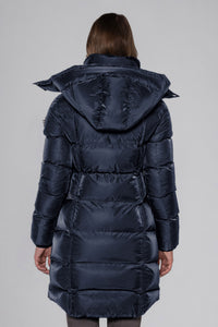 Woodpecker Women's Penguin Long Winter coat. High-end Canadian designer winter coat for women in "Blue Diamond" colour. Woodpecker cruelty-free winter coat designed in Canada. Women's heavy weight long length premium designer jacket for winter. Superior quality warm winter coat for women. Moose Knuckles, Canada Goose, Mackage, Montcler, Will Poho, Willbird, Nic Bayley. Extra warm. Shiny parka. Stylish winter jacket. Designer winter coat.