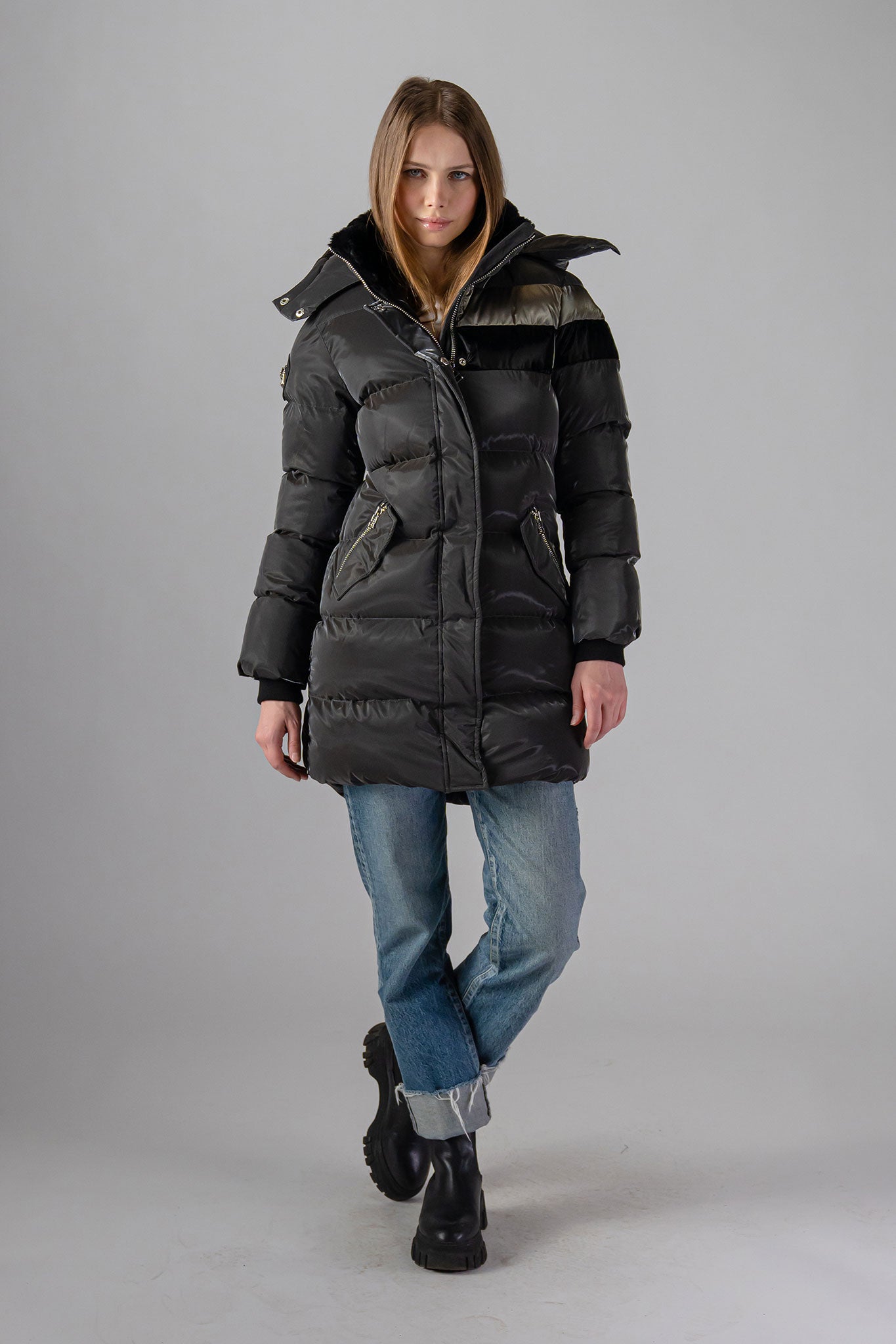 Woodpecker Women&#39;s Penguin Long Winter coat. High-end Canadian designer winter coat for women in &quot;Magnum&quot; Grey colour. Woodpecker cruelty-free winter coat designed in Canada. Women&#39;s heavy weight long length premium designer jacket for winter. Superior quality warm winter coat for women. Moose Knuckles, Canada Goose, Mackage, Montcler, Will Poho, Willbird, Nic Bayley. Extra warm. Shiny parka. Stylish winter jacket. Designer winter coat.