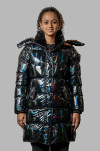 Woodpecker Women's Penguin Long Winter coat. High-end Canadian designer winter coat for women in “Oily Black” colour. Woodpecker cruelty-free winter coat designed in Canada. Women's heavy weight long length premium designer jacket for winter. Superior quality warm winter coat for women. Moose Knuckles, Canada Goose, Mackage, Montcler, Will Poho, Willbird, Nic Bayley. Extra warm. Shiny parka. Stylish winter jacket. Designer winter coat.