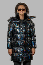 Load image into Gallery viewer, Woodpecker Women&#39;s Penguin Long Winter coat. High-end Canadian designer winter coat for women in “Oily Black” colour. Woodpecker cruelty-free winter coat designed in Canada. Women&#39;s heavy weight long length premium designer jacket for winter. Superior quality warm winter coat for women. Moose Knuckles, Canada Goose, Mackage, Montcler, Will Poho, Willbird, Nic Bayley. Extra warm. Shiny parka. Stylish winter jacket. Designer winter coat.
