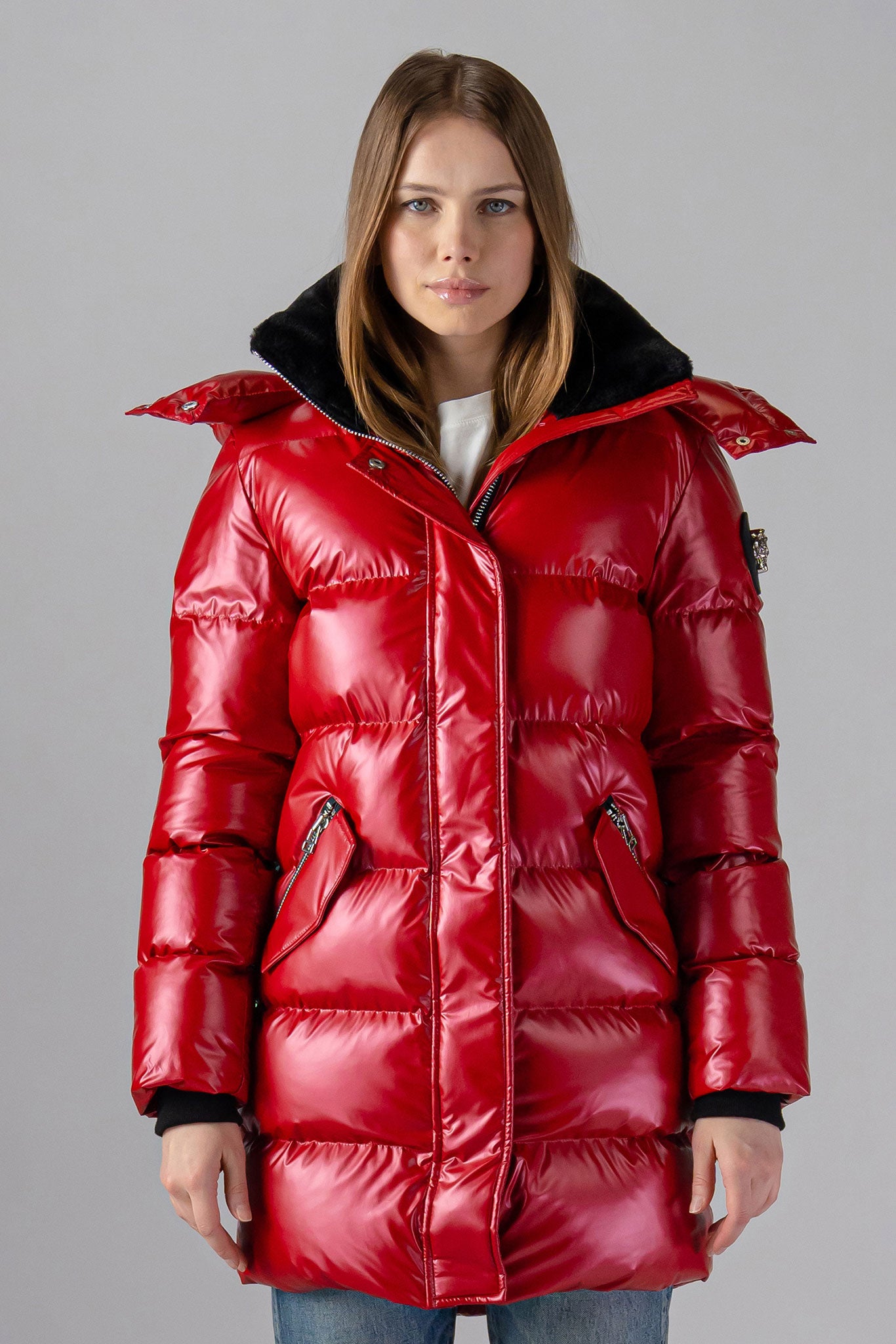 Woodpecker Women&#39;s Penguin Long Winter coat. High-end Canadian designer winter coat for women in &quot;Raspberry&quot; colour. Woodpecker cruelty-free winter coat designed in Canada. Women&#39;s heavy weight long length premium designer jacket for winter. Superior quality warm winter coat for women. Moose Knuckles, Canada Goose, Mackage, Montcler, Will Poho, Willbird, Nic Bayley. Extra warm. Shiny parka. Stylish winter jacket. Designer winter coat.