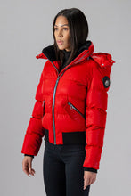 Load image into Gallery viewer, Woodpecker Women&#39;s Woody Bomber Winter coat. High-end Canadian designer winter coat for women in shiny “All Wet Red&quot;. Woodpecker cruelty-free winter coat designed in Canada. Women&#39;s heavy weight short length premium designer jacket for winter. Superior quality warm winter coat for women. Moose Knuckles, Canada Goose, Mackage, Montcler, Will Poho, Willbird, Nic Bayley. Shiny parka. Stylish winter jacket. Designer winter coat.
