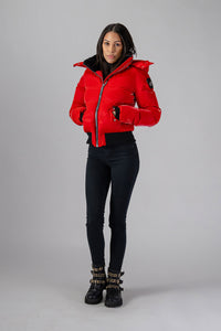 Woodpecker Women's Woody Bomber Winter coat. High-end Canadian designer winter coat for women in shiny “All Wet Red". Woodpecker cruelty-free winter coat designed in Canada. Women's heavy weight short length premium designer jacket for winter. Superior quality warm winter coat for women. Moose Knuckles, Canada Goose, Mackage, Montcler, Will Poho, Willbird, Nic Bayley. Shiny parka. Stylish winter jacket. Designer winter coat.