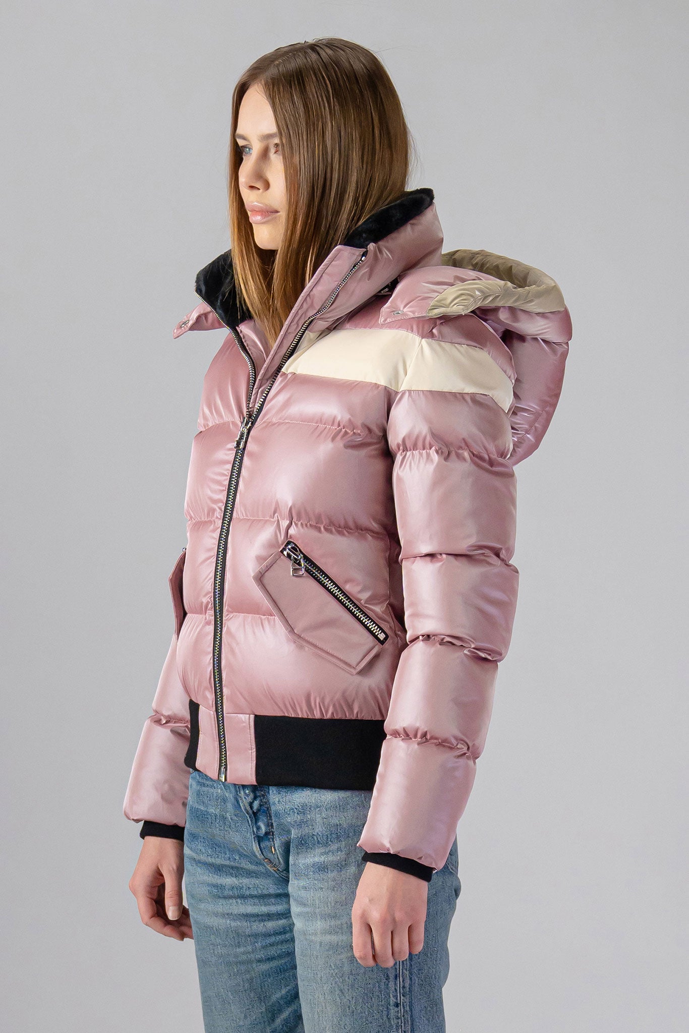 Woodpecker Women&#39;s Woody Bomber Winter coat. High-end Canadian designer winter coat for women in “Arctic Rose&quot; colour. Woodpecker cruelty-free winter coat designed in Canada. Women&#39;s heavy weight short length premium designer jacket for winter. Superior quality warm winter coat for women. Moose Knuckles, Canada Goose, Mackage, Montcler, Will Poho, Willbird, Nic Bayley. Shiny parka. Stylish winter jacket. Designer winter coat.