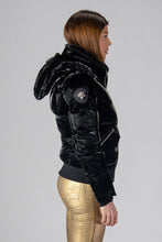 Load image into Gallery viewer, Woodpecker Women&#39;s Woody Bomber Winter coat. High-end Canadian designer winter coat for women in &quot;Firebird&quot; colour. Woodpecker cruelty-free winter coat designed in Canada. Women&#39;s heavy weight short length premium designer jacket for winter. Superior quality warm winter coat for women. Moose Knuckles, Canada Goose, Mackage, Montcler, Will Poho, Willbird, Nic Bayley. Shiny parka. Stylish winter jacket. Designer winter coat.
