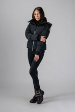 Load image into Gallery viewer, Woodpecker Women&#39;s Woody Bomber Winter coat. High-end Canadian designer winter coat for women in shiny “Matte Black&quot; colour. Woodpecker cruelty-free winter coat designed in Canada. Women&#39;s heavy weight short length premium designer jacket for winter. Superior quality warm winter coat for women. Moose Knuckles, Canada Goose, Mackage, Montcler, Will Poho, Willbird, Nic Bayley. Shiny parka. Stylish winter jacket. Designer winter coat.
