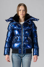Load image into Gallery viewer, coat. High-end Canadian designer winter coat for women in &quot;Oily Blue&quot; colour. Woodpecker cruelty-free winter coat designed in Canada. Women&#39;s heavy weight short length premium designer jacket for winter. Superior quality warm winter coat for women. Moose Knuckles, Canada Goose, Mackage, Montcler, Will Poho, Willbird, Nic Bayley. Shiny parka. Stylish winter jacket. Designer winter coat.
