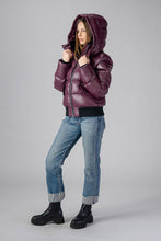 Load image into Gallery viewer, Woodpecker Women&#39;s Woody Bomber Winter coat. High-end Canadian designer winter coat for women in &quot;Plum&quot; colour. Woodpecker cruelty-free winter coat designed in Canada. Women&#39;s heavy weight short length premium designer jacket for winter. Superior quality warm winter coat for women. Moose Knuckles, Canada Goose, Mackage, Montcler, Will Poho, Willbird, Nic Bayley. Shiny parka. Stylish winter jacket. Designer winter coat.
