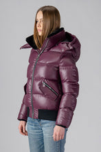 Load image into Gallery viewer, Woodpecker Women&#39;s Woody Bomber Winter coat. High-end Canadian designer winter coat for women in &quot;Plum&quot; colour. Woodpecker cruelty-free winter coat designed in Canada. Women&#39;s heavy weight short length premium designer jacket for winter. Superior quality warm winter coat for women. Moose Knuckles, Canada Goose, Mackage, Montcler, Will Poho, Willbird, Nic Bayley. Shiny parka. Stylish winter jacket. Designer winter coat.

