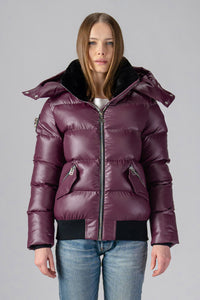 Woodpecker Women's Woody Bomber Winter coat. High-end Canadian designer winter coat for women in "Plum" colour. Woodpecker cruelty-free winter coat designed in Canada. Women's heavy weight short length premium designer jacket for winter. Superior quality warm winter coat for women. Moose Knuckles, Canada Goose, Mackage, Montcler, Will Poho, Willbird, Nic Bayley. Shiny parka. Stylish winter jacket. Designer winter coat.