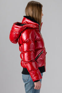 Woodpecker Women's Woody Bomber Winter coat. High-end Canadian designer winter coat for women in "Raspberry" colour. Woodpecker cruelty-free winter coat designed in Canada. Women's heavy weight short length premium designer jacket for winter. Superior quality warm winter coat for women. Moose Knuckles, Canada Goose, Mackage, Montcler, Will Poho, Willbird, Nic Bayley. Shiny parka. Stylish winter jacket. Designer winter coat.