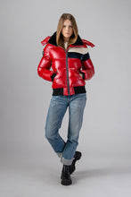 Load image into Gallery viewer, Woodpecker Women&#39;s Woody Bomber Winter coat. High-end Canadian designer winter coat for women in &quot;Red White Blue&quot; colour. Woodpecker cruelty-free winter coat designed in Canada. Women&#39;s heavy weight short length premium designer jacket for winter. Superior quality warm winter coat for women. Moose Knuckles, Canada Goose, Mackage, Montcler, Will Poho, Willbird, Nic Bayley. Shiny parka. Stylish winter jacket. Designer winter coat.
