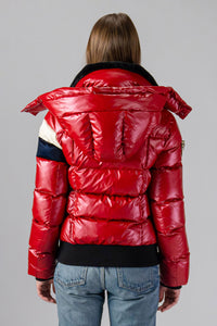 Woodpecker Women's Woody Bomber Winter coat. High-end Canadian designer winter coat for women in "Red White Blue" colour. Woodpecker cruelty-free winter coat designed in Canada. Women's heavy weight short length premium designer jacket for winter. Superior quality warm winter coat for women. Moose Knuckles, Canada Goose, Mackage, Montcler, Will Poho, Willbird, Nic Bayley. Shiny parka. Stylish winter jacket. Designer winter coat.