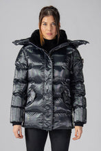 Load image into Gallery viewer, Woodpecker Women&#39;s Bumnester Winter coat. High-end Canadian designer winter coat for women in &quot;Oily Black&quot; colour. Woodpecker cruelty-free winter coat designed in Canada. Women&#39;s heavy weight medium length premium designer jacket for winter. Superior quality warm winter coat for women. Moose Knuckles, Canada Goose, Mackage, Montcler, Will Poho, Willbird, Nic Bayley. Extra warm. Shiny parka. Stylish winter jacket. Designer winter coat.
