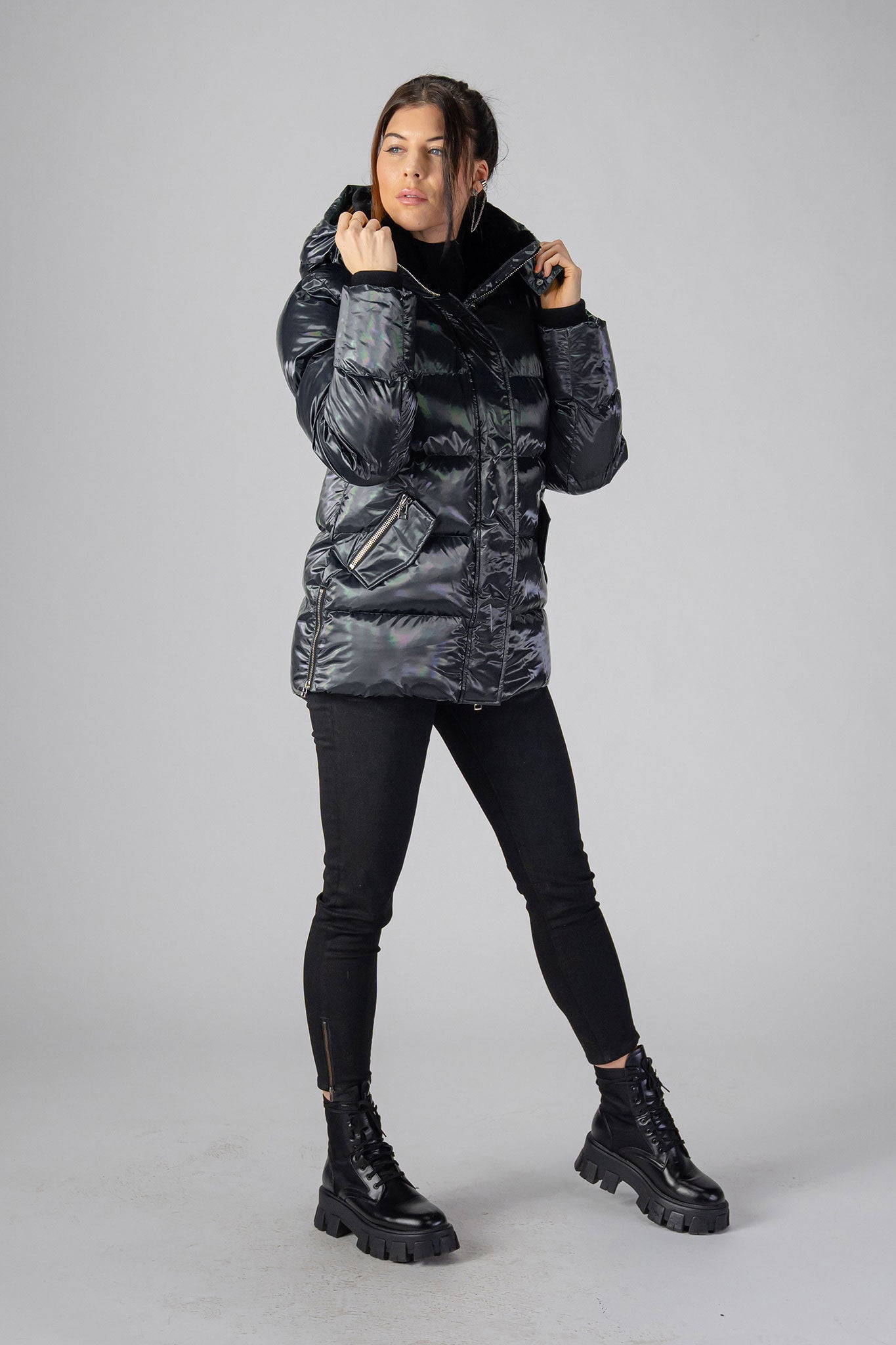 Woodpecker Women&#39;s Bumnester Winter coat. High-end Canadian designer winter coat for women in &quot;Oily Black&quot; colour. Woodpecker cruelty-free winter coat designed in Canada. Women&#39;s heavy weight medium length premium designer jacket for winter. Superior quality warm winter coat for women. Moose Knuckles, Canada Goose, Mackage, Montcler, Will Poho, Willbird, Nic Bayley. Extra warm. Shiny parka. Stylish winter jacket. Designer winter coat.