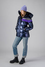 Load image into Gallery viewer, Woodpecker Women&#39;s Bumnester Winter coat. High-end Canadian designer winter coat for women in shiny &quot;Sapphire/Silver/Purple&quot; colour. Woodpecker cruelty-free winter coat designed in Canada. Women&#39;s heavy weight medium length premium designer jacket for winter. Superior quality warm winter coat for women. Moose Knuckles, Canada Goose, Mackage, Montcler, Will Poho, Willbird, Nic Bayley. Extra warm. Shiny parka. Stylish winter jacket. Designer winter coat.
