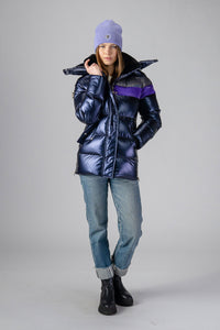 Woodpecker Women's Bumnester Winter coat. High-end Canadian designer winter coat for women in shiny "Sapphire/Silver/Purple" colour. Woodpecker cruelty-free winter coat designed in Canada. Women's heavy weight medium length premium designer jacket for winter. Superior quality warm winter coat for women. Moose Knuckles, Canada Goose, Mackage, Montcler, Will Poho, Willbird, Nic Bayley. Extra warm. Shiny parka. Stylish winter jacket. Designer winter coat.