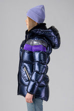 Load image into Gallery viewer, Woodpecker Women&#39;s Bumnester Winter coat. High-end Canadian designer winter coat for women in shiny &quot;Sapphire/Silver/Purple&quot; colour. Woodpecker cruelty-free winter coat designed in Canada. Women&#39;s heavy weight medium length premium designer jacket for winter. Superior quality warm winter coat for women. Moose Knuckles, Canada Goose, Mackage, Montcler, Will Poho, Willbird, Nic Bayley. Extra warm. Shiny parka. Stylish winter jacket. Designer winter coat.
