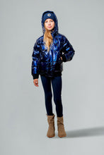 Load image into Gallery viewer, Woodpecker Kids&#39; Chickadee Winter coat. High-end Canadian designer winter coat for Kids in &quot;Oily Blue&quot; colour. Woodpecker cruelty-free winter coat designed in Canada. Kids&#39; heavy weight short length premium designer jacket for winter. Superior quality warm winter coat for kids. Moose Knuckles, Canada Goose, Mackage, Montcler, Will Poho, Willbird, Nic Bayley. Extra warm. Shiny parka. Stylish winter jacket. Designer winter coat.
