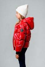 Load image into Gallery viewer, Woodpecker Kids&#39; Chickadee Winter coat. High-end Canadian designer winter coat for Kids in &quot;Raspberry&quot; colour. Woodpecker cruelty-free winter coat designed in Canada. Kids&#39; heavy weight short length premium designer jacket for winter. Superior quality warm winter coat for kids. Moose Knuckles, Canada Goose, Mackage, Montcler, Will Poho, Willbird, Nic Bayley. Extra warm. Shiny parka. Stylish winter jacket. Designer winter coat.
