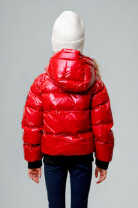 Woodpecker Kids' Chickadee Winter coat. High-end Canadian designer winter coat for Kids in "Raspberry" colour. Woodpecker cruelty-free winter coat designed in Canada. Kids' heavy weight short length premium designer jacket for winter. Superior quality warm winter coat for kids. Moose Knuckles, Canada Goose, Mackage, Montcler, Will Poho, Willbird, Nic Bayley. Extra warm. Shiny parka. Stylish winter jacket. Designer winter coat.