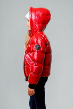 Load image into Gallery viewer, Woodpecker Kids&#39; Chickadee Winter coat. High-end Canadian designer winter coat for Kids in &quot;Raspberry&quot; colour. Woodpecker cruelty-free winter coat designed in Canada. Kids&#39; heavy weight short length premium designer jacket for winter. Superior quality warm winter coat for kids. Moose Knuckles, Canada Goose, Mackage, Montcler, Will Poho, Willbird, Nic Bayley. Extra warm. Shiny parka. Stylish winter jacket. Designer winter coat.

