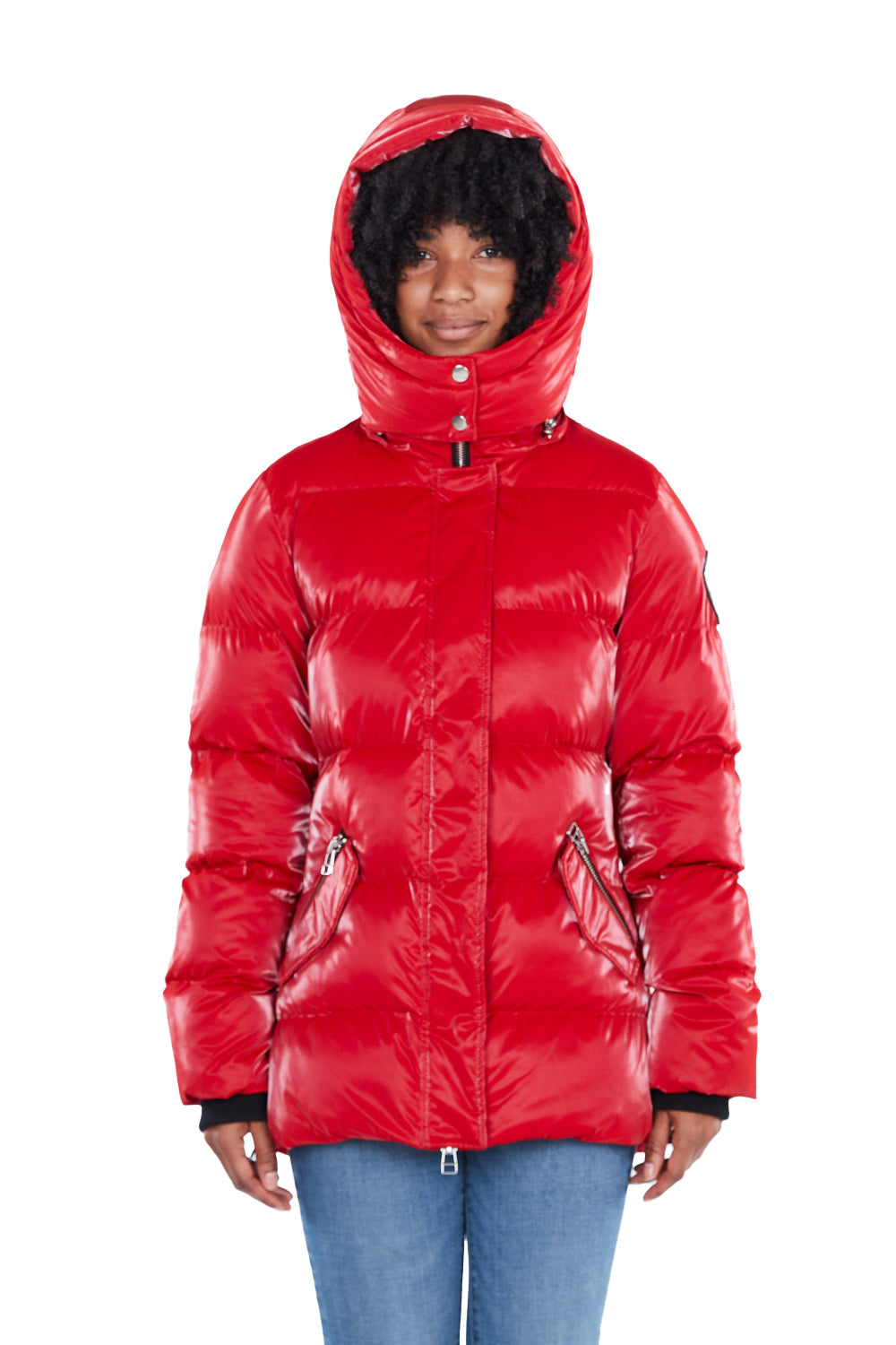 Woodpecker Women&#39;s Bumnester Winter coat. High-end Canadian designer winter coat for women in shiny &quot;All Wet Red&quot; colour. Woodpecker cruelty-free winter coat designed in Canada. Women&#39;s heavy weight medium length premium designer jacket for winter. Superior quality warm winter coat for women. Moose Knuckles, Canada Goose, Mackage, Montcler, Will Poho, Willbird, Nic Bayley. Extra warm. Shiny parka. Stylish winter jacket. Designer winter coat.