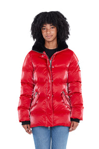 Woodpecker Women's Bumnester Winter coat. High-end Canadian designer winter coat for women in shiny "All Wet Red" colour. Woodpecker cruelty-free winter coat designed in Canada. Women's heavy weight medium length premium designer jacket for winter. Superior quality warm winter coat for women. Moose Knuckles, Canada Goose, Mackage, Montcler, Will Poho, Willbird, Nic Bayley. Extra warm. Shiny parka. Stylish winter jacket. Designer winter coat.