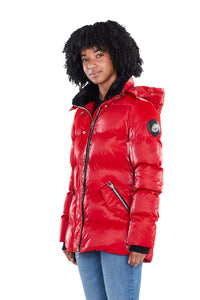Woodpecker Women's Bumnester Winter coat. High-end Canadian designer winter coat for women in shiny "All Wet Red" colour. Woodpecker cruelty-free winter coat designed in Canada. Women's heavy weight medium length premium designer jacket for winter. Superior quality warm winter coat for women. Moose Knuckles, Canada Goose, Mackage, Montcler, Will Poho, Willbird, Nic Bayley. Extra warm. Shiny parka. Stylish winter jacket. Designer winter coat.