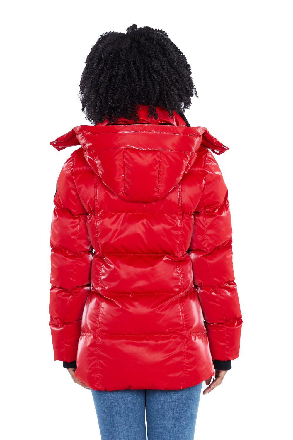 Woodpecker Women's Bumnester Winter coat. High-end Canadian designer winter coat for women in shiny "All Wet Red" colour. Woodpecker cruelty-free winter coat designed in Canada. Women's heavy weight medium length premium designer jacket for winter. Superior quality warm winter coat for women. Moose Knuckles, Canada Goose, Mackage, Montcler, Will Poho, Willbird, Nic Bayley. Extra warm. Shiny parka. Stylish winter jacket. Designer winter coat.