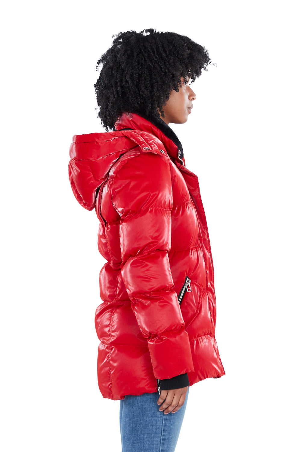 Woodpecker Women's Bumnester Winter coat. High-end Canadian designer winter coat for women in shiny "All Wet Red" colour. Woodpecker cruelty-free winter coat designed in Canada. Women's heavy weight medium length premium designer jacket for winter. Superior quality warm winter coat for women. Moose Knuckles, Canada Goose, Mackage, Montcler, Will Poho, Willbird, Nic Bayley. Extra warm. Shiny parka. Stylish winter jacket. Designer winter coat.