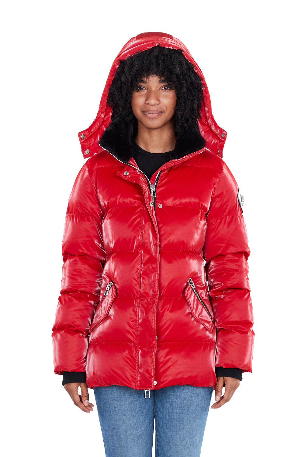 Woodpecker Women&#39;s Bumnester Winter coat. High-end Canadian designer winter coat for women in shiny &quot;All Wet Red&quot; colour. Woodpecker cruelty-free winter coat designed in Canada. Women&#39;s heavy weight medium length premium designer jacket for winter. Superior quality warm winter coat for women. Moose Knuckles, Canada Goose, Mackage, Montcler, Will Poho, Willbird, Nic Bayley. Extra warm. Shiny parka. Stylish winter jacket. Designer winter coat.
